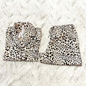 NWT- Victoria’s Secret leopard print 2 piece satin pajama set, size Large
